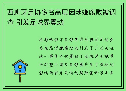 西班牙足协多名高层因涉嫌腐败被调查 引发足球界震动 西班牙足协多名高层因涉嫌腐败被调查 引发足球界震动